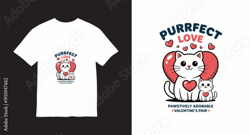 Purrfect love t-shirt design with cute cat hugging a kitten and red hearts