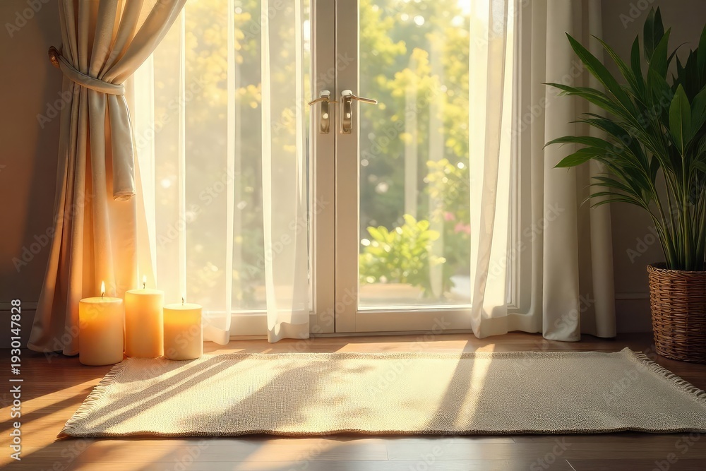 Fototapeta premium Sunlight streams through sheer curtains onto a yoga mat, candles softly glow nearby, creating a serene and peaceful atmosphere of gentle wellbeing , tranquility, spiritual, serenity