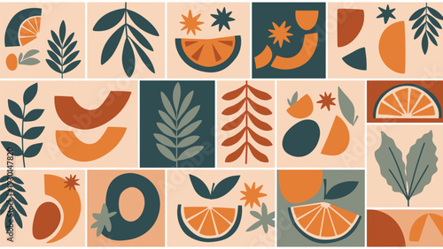 Seamless abstract pattern of citrus fruit slices, leaves, and geometric shapes in a palette of teal, orange, and beige for textile design.