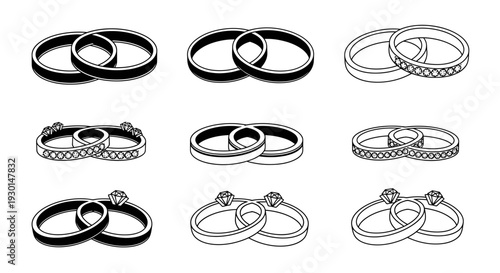 Set of nine line art vector illustrations of wedding rings, showcasing various designs with diamonds and bands, perfect for romantic themes and jewelry concepts
