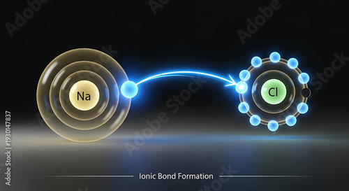 Sodium and chlorine atoms forming an ionic bond with electron transfer between them slowly