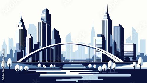 Monochrome city skyline illustration in blue tones featuring a large modern bridge over a river with tall skyscrapers in the background.