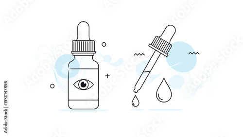 Minimalist line art illustration of an eye drop bottle and a pipette with liquid droplets, representing eye care and medical pharmaceutical products.