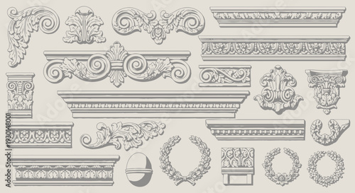 Collection of elegant architectural decorative elements and ornamental borders in a vintage style, featuring intricate carvings and classic designs for interior and exterior detailing