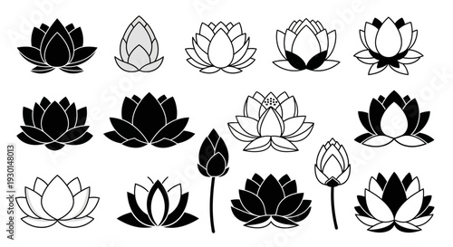Collection of various lotus flower icons in black and white, showcasing diverse artistic representations for elegant design and spiritual themes