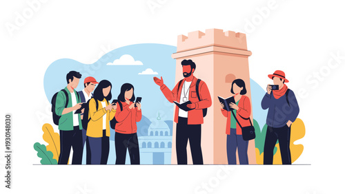Group of tourists listening to a male guide during a city tour in front of a historic stone tower, with people taking photos and notes.