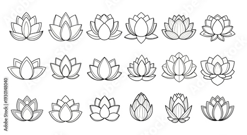 Collection of Various Lotus Flower Illustrations - Clean Line Art Icons for Meditation, Spa, and Yoga Designs