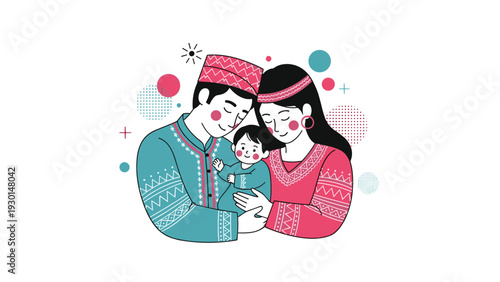 Traditional family portrait of a father, mother, and child wearing ethnic clothing with decorative patterns and colorful abstract elements.