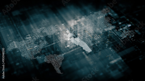 Global data network world map with matrix style grid, glowing HUD interface and streaming light trails, futuristic internet, IoT connectivity and digital simulation background
