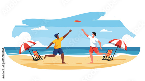 Two men enjoy a fun game of frisbee on a sunny beach with umbrellas and lounge chairs under a bright blue sky for summer leisure.
