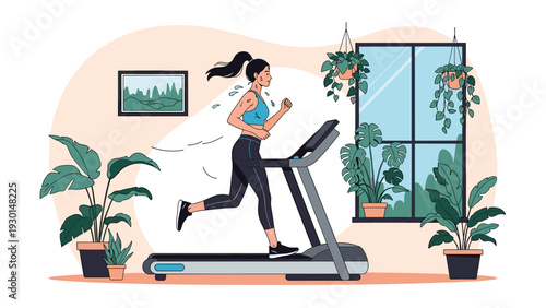Determined woman runs on a treadmill in a well-decorated room with indoor plants and a window for her daily fitness routine.
