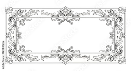 Ornate Decorative Rectangular Border Frame with Flourishes and Swirls, Elegant Vintage Style Design Element for Invitations, Certificates, or Graphic Projects