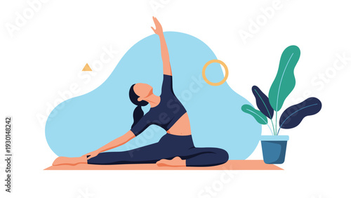 Woman performs a side stretch yoga pose on a mat in a calm environment with abstract shapes and a potted plant for balance.