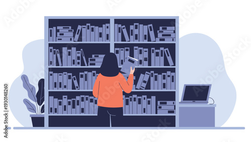 Woman stands in front of tall bookshelves in a quiet library or bookstore choosing a book for research or pleasure reading.