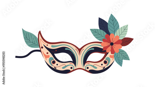Ornate carnival mask decorated with intricate swirls, leaves, and a large orange flower on one side for festive celebrations.