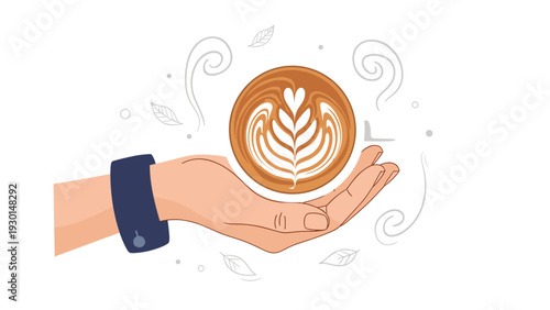 Human hand carefully holds a cup of coffee featuring beautiful heart-shaped latte art with abstract swirls and leaf decorations.