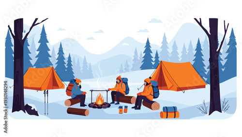 Three campers sit around a cozy campfire in a snowy forest clearing with orange tents and snowy mountains in the background.