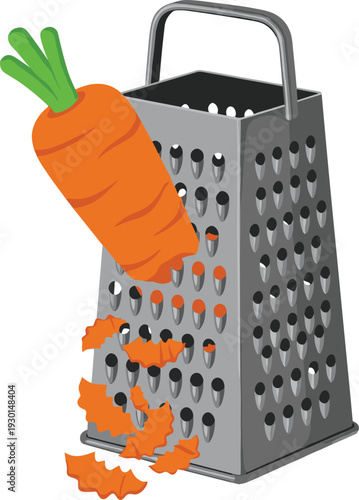 Metal kitchen grater with fresh carrot and shredded pieces, cooking utensil illustration isolated on light background for food preparation, culinary tools and healthy meal concepts