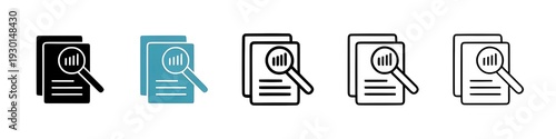 Document Analysis Icon Set. Report Search and Data Research Symbol Collection. Thin line customizable illustration. Contour symbol. Vector isolated outline drawing. Editable stroke
