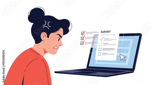 Frustrated woman looking at an online survey on her laptop screen, experiencing annoyance and negative feedback during digital interaction.