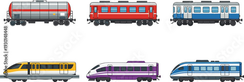 Set of passenger and freight train wagons including tanker, commuter cars and modern high speed trains in flat vector style isolated on background