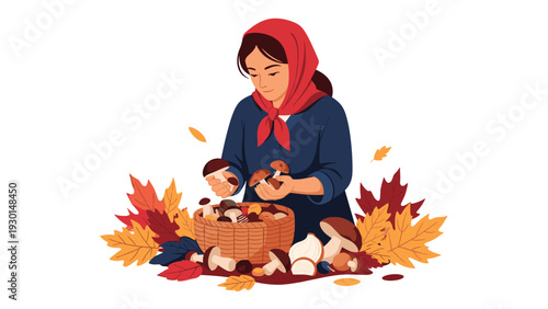 Traditional woman wearing a red headscarf picking mushrooms in the forest, surrounded by a colorful arrangement of vibrant autumn maple leaves.