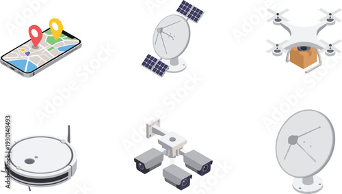 Smart technology and communication devices set including GPS navigation, drone delivery, satellite dish, security cameras and robot vacuum illustration isolated on light background for modern tech