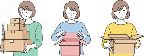 Woman packing and opening cardboard boxes representing delivery, moving, storage and online shopping logistics in simple flat vector illustration isolated on light background