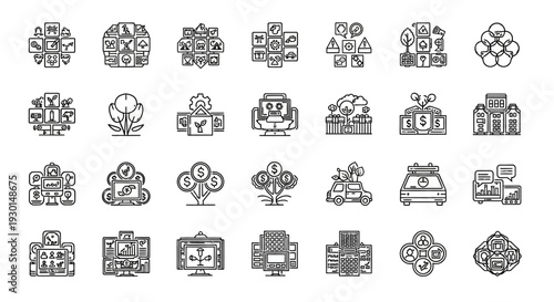 Collection of black line icons depicting eco friendly concepts and sustainable living