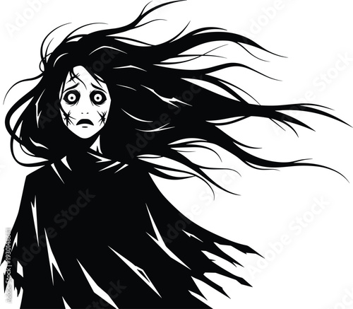Black vector silhouette of a spooky ghost woman with long flowing hair and hollow eyes for horror themes and branding,