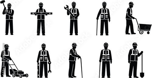 Construction worker silhouettes, safety gear, hard hats, tools, teamwork, industrial labor, building site, maintenance tasks, infrastructure work, occupational illustration