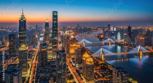Wallpaper Mural A bustling city skyline at sunset with illuminated skyscrapers, bridges, and river, featuring a mix of modern and traditional architecture. Torontodigital.ca