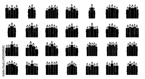 Multiple rows of black matches with flames on white background symbolizing fire or ignition for design or conceptual use