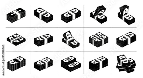 Various stacked and bundled banknote illustrations in black and white isolated on a plain background for financial and business concepts
