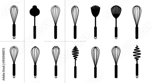Collection of various kitchen whisks and mixers on white background for cooking and baking