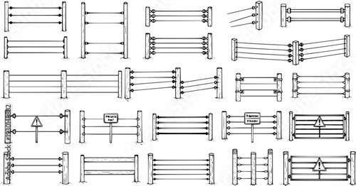 Electric Fence Variations: Isolated Line Art Collection
