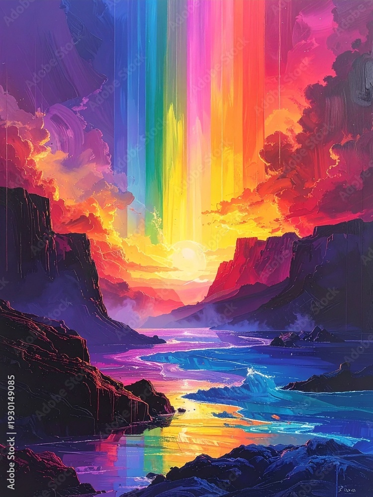 Fototapeta premium A breathtaking fantasy landscape with a vibrant rainbow light beam descending into a reflective river, framed by dramatic cliffs under a colorful sky.