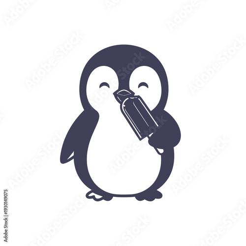 Penguin Eating Popsicle in Cute Cartoon Style