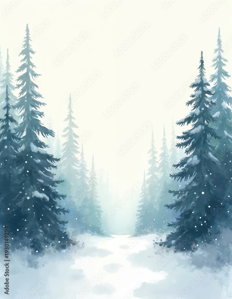 Obraz premium Winter forest path with evergreen trees covered in snow. Gentle snowfall creates a serene atmosphere. This watercolor art depicts a tranquil woodland scene during cold season.