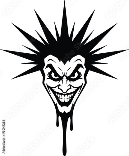 Black vector silhouette of a smiling villain head with spiky hair for concepts of horror madness evil characters and branding