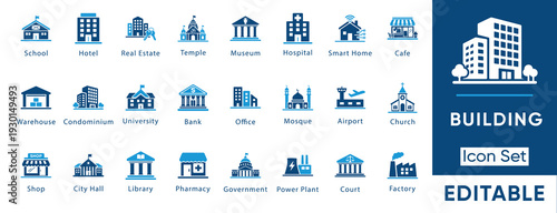 City building and urban architecture icon set. Vector collection including school, hospital, bank, factory, office, hotel and shop symbols.