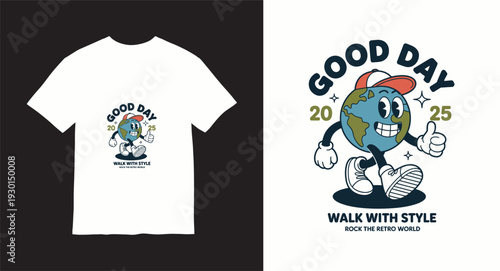 Good day earth globe character mascot design for eco friendly apparel and retro streetwear fashion with walking world illustration
