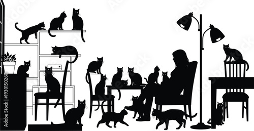 Black vector silhouette of a woman sitting in a living room surrounded by many cats for pet owner branding concepts