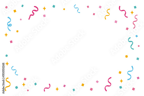 カラフルなクラッカーの紙吹雪がキラキラ舞うお祝いのイメージの白い背景デザイン