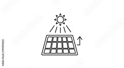 Solar panel illustration facing sunlight with upward arrow indicating energy generation