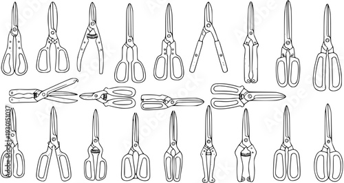 Assorted Scissors and Shears Line Art: Diverse Hand Tools for Cutting and Trimming