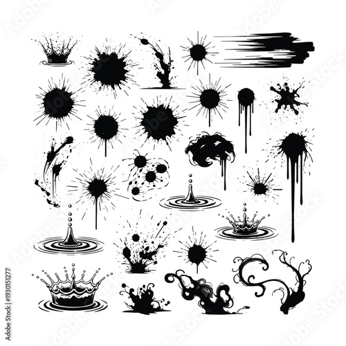 Dynamic black ink splatters and paint drops on white