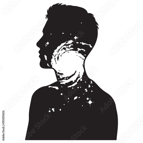Silhouette of a man's profile containing a swirling spiral galaxy and stars, representing the vastness of human consciousness, inner thoughts, and cosmic connection in a minimalist style.