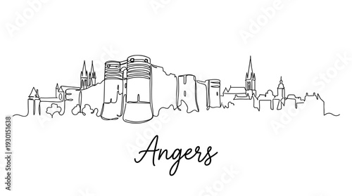Angers city skyline with castle and cathedral continuous line drawing vector illustration
