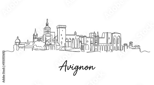Avignon city skyline with Palais des Papes continuous line drawing vector illustration